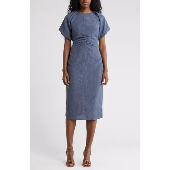 TAHARI ASL Ruched Puff Sleeve Body-con Midi Dress In Denim Women's Size 2 - Picture 1 of 9